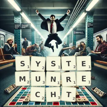 Kreative Illustration für ein Scrabble-Spiel, bei dem das Wort SYSTEMUNRECHT mit Steinen auf dem Brett gelegt wurde.