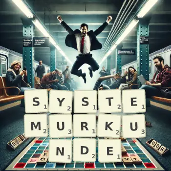 Kreative Illustration für ein Scrabble-Spiel, bei dem das Wort SYSTEMURKUNDE mit Steinen auf dem Brett gelegt wurde.