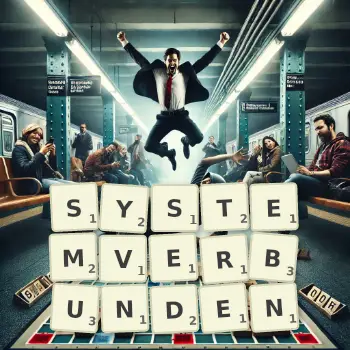 Kreative Illustration für ein Scrabble-Spiel, bei dem das Wort SYSTEMVERBUNDEN mit Steinen auf dem Brett gelegt wurde.