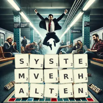 Kreative Illustration für ein Scrabble-Spiel, bei dem das Wort SYSTEMVERHALTEN mit Steinen auf dem Brett gelegt wurde.