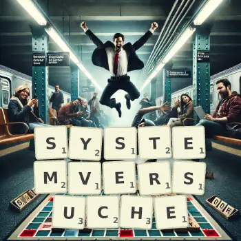 Kreative Illustration für ein Scrabble-Spiel, bei dem das Wort SYSTEMVERSUCHE mit Steinen auf dem Brett gelegt wurde.