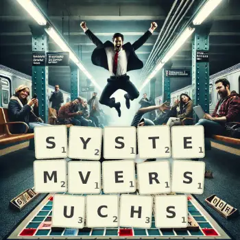 Kreative Illustration für ein Scrabble-Spiel, bei dem das Wort SYSTEMVERSUCHS mit Steinen auf dem Brett gelegt wurde.