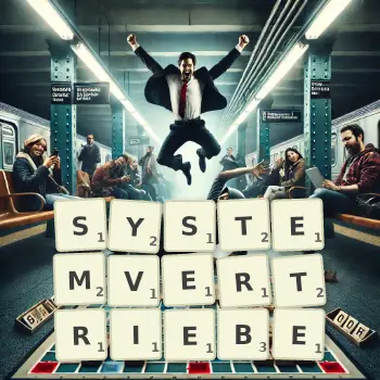 Kreative Illustration für ein Scrabble-Spiel, bei dem das Wort SYSTEMVERTRIEBE mit Steinen auf dem Brett gelegt wurde.