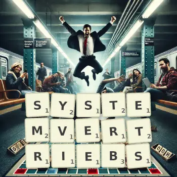 Kreative Illustration für ein Scrabble-Spiel, bei dem das Wort SYSTEMVERTRIEBS mit Steinen auf dem Brett gelegt wurde.