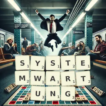 Kreative Illustration für ein Scrabble-Spiel, bei dem das Wort SYSTEMWARTUNG mit Steinen auf dem Brett gelegt wurde.