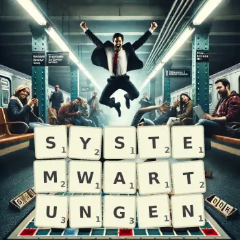 Kreative Illustration für ein Scrabble-Spiel, bei dem das Wort SYSTEMWARTUNGEN mit Steinen auf dem Brett gelegt wurde.