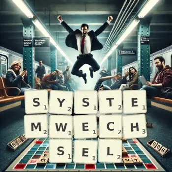 Kreative Illustration für ein Scrabble-Spiel, bei dem das Wort SYSTEMWECHSEL mit Steinen auf dem Brett gelegt wurde.