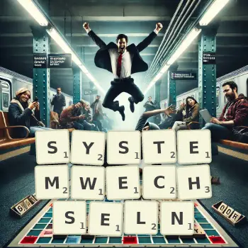 Kreative Illustration für ein Scrabble-Spiel, bei dem das Wort SYSTEMWECHSELN mit Steinen auf dem Brett gelegt wurde.