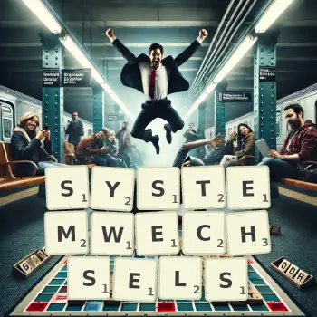 Kreative Illustration für ein Scrabble-Spiel, bei dem das Wort SYSTEMWECHSELS mit Steinen auf dem Brett gelegt wurde.