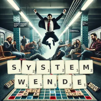 Kreative Illustration für ein Scrabble-Spiel, bei dem das Wort SYSTEMWENDE mit Steinen auf dem Brett gelegt wurde.