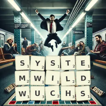 Kreative Illustration für ein Scrabble-Spiel, bei dem das Wort SYSTEMWILDWUCHS mit Steinen auf dem Brett gelegt wurde.