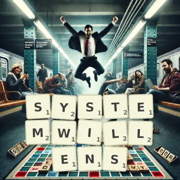 Kreative Illustration für ein Scrabble-Spiel, bei dem das Wort SYSTEMWILLENS mit Steinen auf dem Brett gelegt wurde.
