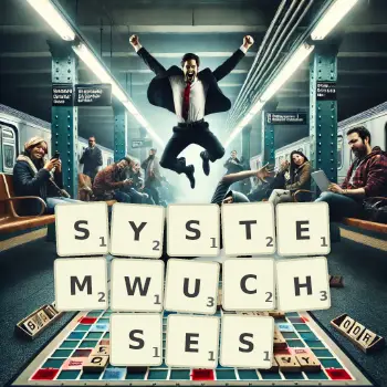 Kreative Illustration für ein Scrabble-Spiel, bei dem das Wort SYSTEMWUCHSES mit Steinen auf dem Brett gelegt wurde.