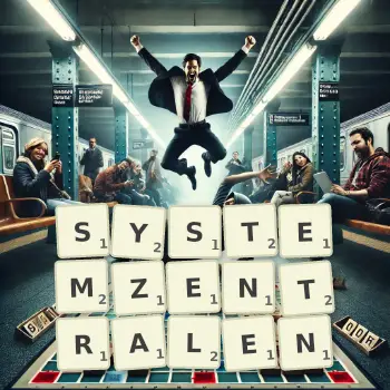 Kreative Illustration für ein Scrabble-Spiel, bei dem das Wort SYSTEMZENTRALEN mit Steinen auf dem Brett gelegt wurde.
