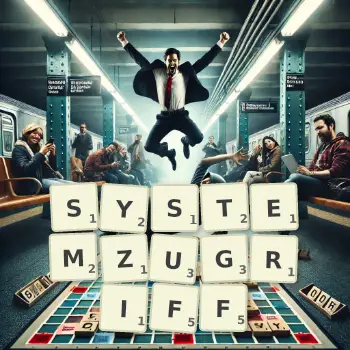 Kreative Illustration für ein Scrabble-Spiel, bei dem das Wort SYSTEMZUGRIFF mit Steinen auf dem Brett gelegt wurde.