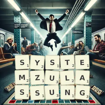 Kreative Illustration für ein Scrabble-Spiel, bei dem das Wort SYSTEMZULASSUNG mit Steinen auf dem Brett gelegt wurde.