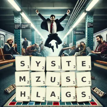 Kreative Illustration für ein Scrabble-Spiel, bei dem das Wort SYSTEMZUSCHLAGS mit Steinen auf dem Brett gelegt wurde.