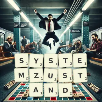 Kreative Illustration für ein Scrabble-Spiel, bei dem das Wort SYSTEMZUSTAND mit Steinen auf dem Brett gelegt wurde.