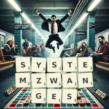 Kreative Illustration für ein Scrabble-Spiel, bei dem das Wort SYSTEMZWANGES mit Steinen auf dem Brett gelegt wurde.