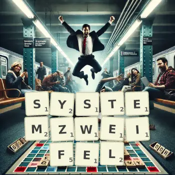 Kreative Illustration für ein Scrabble-Spiel, bei dem das Wort SYSTEMZWEIFEL mit Steinen auf dem Brett gelegt wurde.