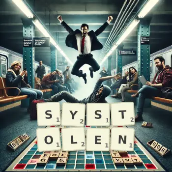 Kreative Illustration für ein Scrabble-Spiel, bei dem das Wort SYSTOLEN mit Steinen auf dem Brett gelegt wurde.