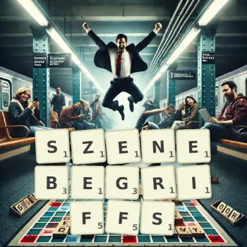 Kreative Illustration für ein Scrabble-Spiel, bei dem das Wort SZENEBEGRIFFS mit Steinen auf dem Brett gelegt wurde.
