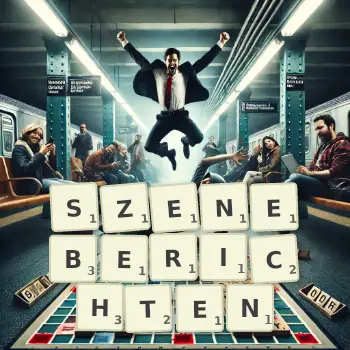 Kreative Illustration für ein Scrabble-Spiel, bei dem das Wort SZENEBERICHTEN mit Steinen auf dem Brett gelegt wurde.