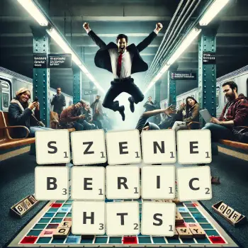 Kreative Illustration für ein Scrabble-Spiel, bei dem das Wort SZENEBERICHTS mit Steinen auf dem Brett gelegt wurde.