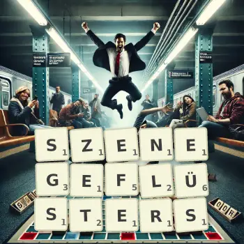 Kreative Illustration für ein Scrabble-Spiel, bei dem das Wort SZENEGEFLÜSTERS mit Steinen auf dem Brett gelegt wurde.