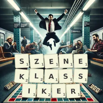 Kreative Illustration für ein Scrabble-Spiel, bei dem das Wort SZENEKLASSIKER mit Steinen auf dem Brett gelegt wurde.