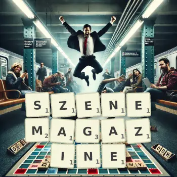 Kreative Illustration für ein Scrabble-Spiel, bei dem das Wort SZENEMAGAZINE mit Steinen auf dem Brett gelegt wurde.