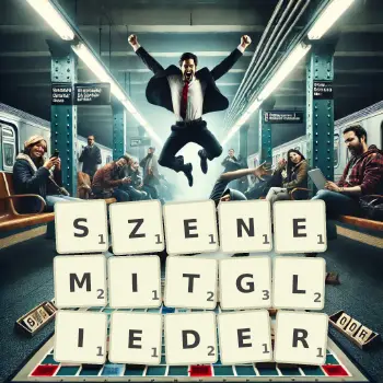 Kreative Illustration für ein Scrabble-Spiel, bei dem das Wort SZENEMITGLIEDER mit Steinen auf dem Brett gelegt wurde.