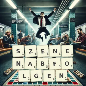 Kreative Illustration für ein Scrabble-Spiel, bei dem das Wort SZENENABFOLGEN mit Steinen auf dem Brett gelegt wurde.