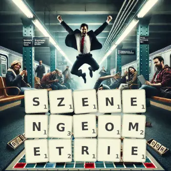 Kreative Illustration für ein Scrabble-Spiel, bei dem das Wort SZENENGEOMETRIE mit Steinen auf dem Brett gelegt wurde.
