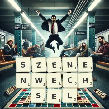 Kreative Illustration für ein Scrabble-Spiel, bei dem das Wort SZENENWECHSEL mit Steinen auf dem Brett gelegt wurde.