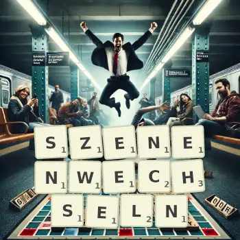 Kreative Illustration für ein Scrabble-Spiel, bei dem das Wort SZENENWECHSELN mit Steinen auf dem Brett gelegt wurde.