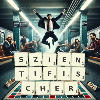 Kreative Illustration für ein Scrabble-Spiel, bei dem das Wort SZIENTIFISCHER mit Steinen auf dem Brett gelegt wurde.