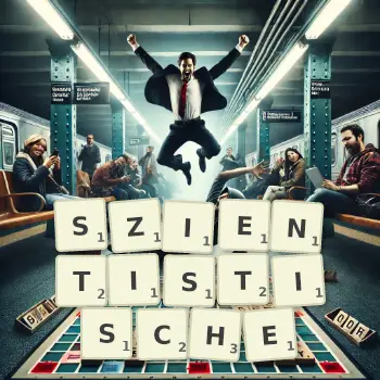 Kreative Illustration für ein Scrabble-Spiel, bei dem das Wort SZIENTISTISCHE mit Steinen auf dem Brett gelegt wurde.