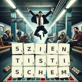 Kreative Illustration für ein Scrabble-Spiel, bei dem das Wort SZIENTISTISCHEM mit Steinen auf dem Brett gelegt wurde.