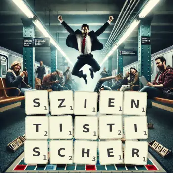 Kreative Illustration für ein Scrabble-Spiel, bei dem das Wort SZIENTISTISCHER mit Steinen auf dem Brett gelegt wurde.