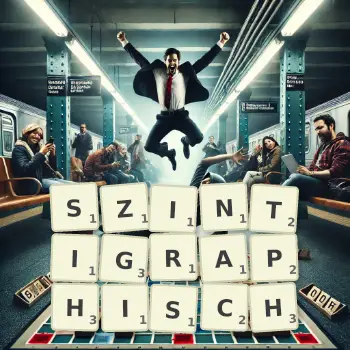 Kreative Illustration für ein Scrabble-Spiel, bei dem das Wort SZINTIGRAPHISCH mit Steinen auf dem Brett gelegt wurde.