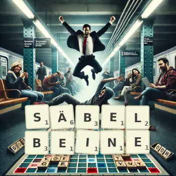 Kreative Illustration für ein Scrabble-Spiel, bei dem das Wort SÄBELBEINE mit Steinen auf dem Brett gelegt wurde.