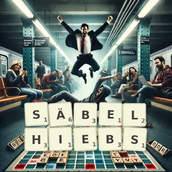 Kreative Illustration für ein Scrabble-Spiel, bei dem das Wort SÄBELHIEBS mit Steinen auf dem Brett gelegt wurde.