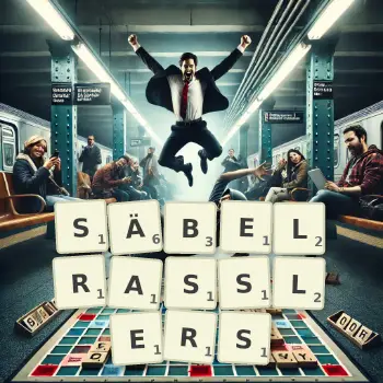 Kreative Illustration für ein Scrabble-Spiel, bei dem das Wort SÄBELRASSLERS mit Steinen auf dem Brett gelegt wurde.