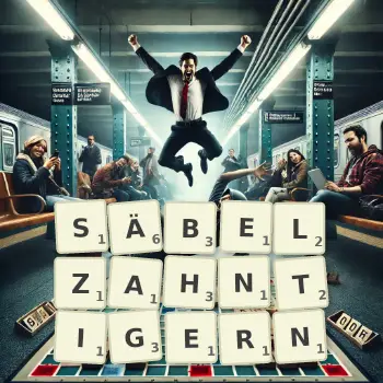 Kreative Illustration für ein Scrabble-Spiel, bei dem das Wort SÄBELZAHNTIGERN mit Steinen auf dem Brett gelegt wurde.