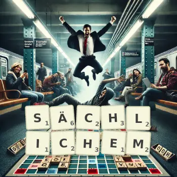 Kreative Illustration für ein Scrabble-Spiel, bei dem das Wort SÄCHLICHEM mit Steinen auf dem Brett gelegt wurde.