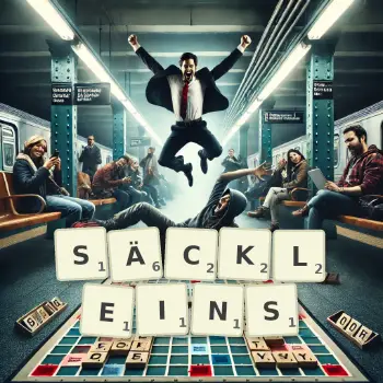Kreative Illustration für ein Scrabble-Spiel, bei dem das Wort SÄCKLEINS mit Steinen auf dem Brett gelegt wurde.