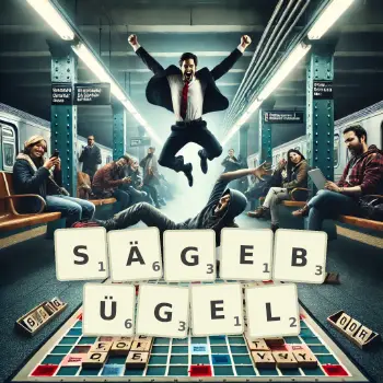 Kreative Illustration für ein Scrabble-Spiel, bei dem das Wort SÄGEBÜGEL mit Steinen auf dem Brett gelegt wurde.