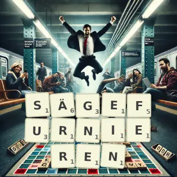 Kreative Illustration für ein Scrabble-Spiel, bei dem das Wort SÄGEFURNIEREN mit Steinen auf dem Brett gelegt wurde.