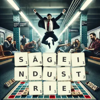 Kreative Illustration für ein Scrabble-Spiel, bei dem das Wort SÄGEINDUSTRIE mit Steinen auf dem Brett gelegt wurde.